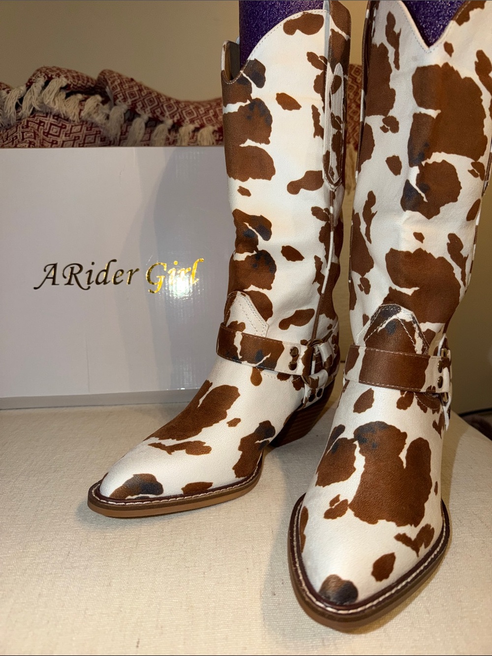 A Rider Girl Brown and White Cowhide-Print Western Heeled Boots